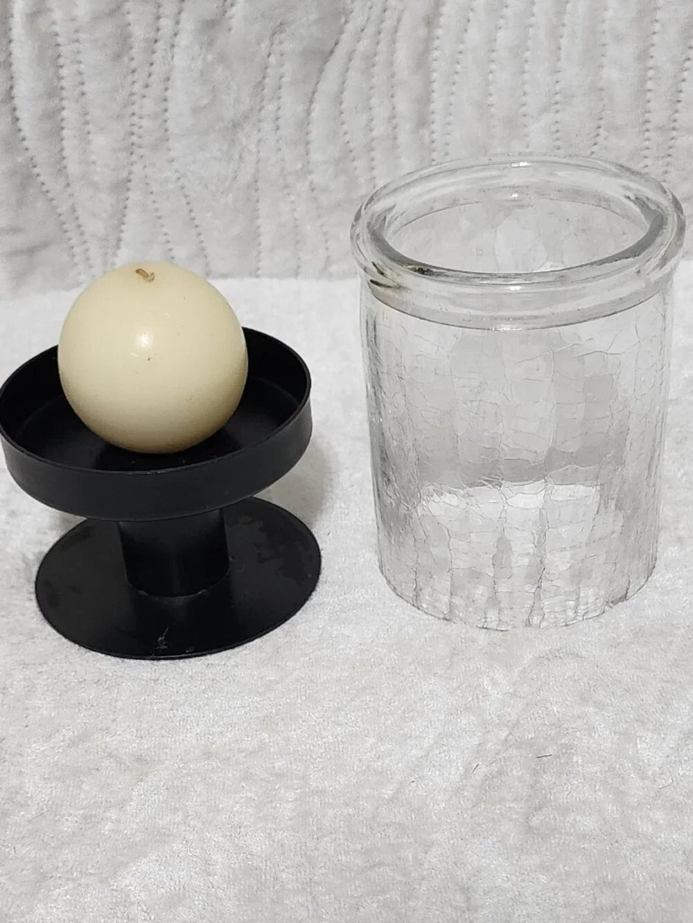 Hurricane Candle Holder With Round Candle.  Metal Base, Thick Glass Cover.